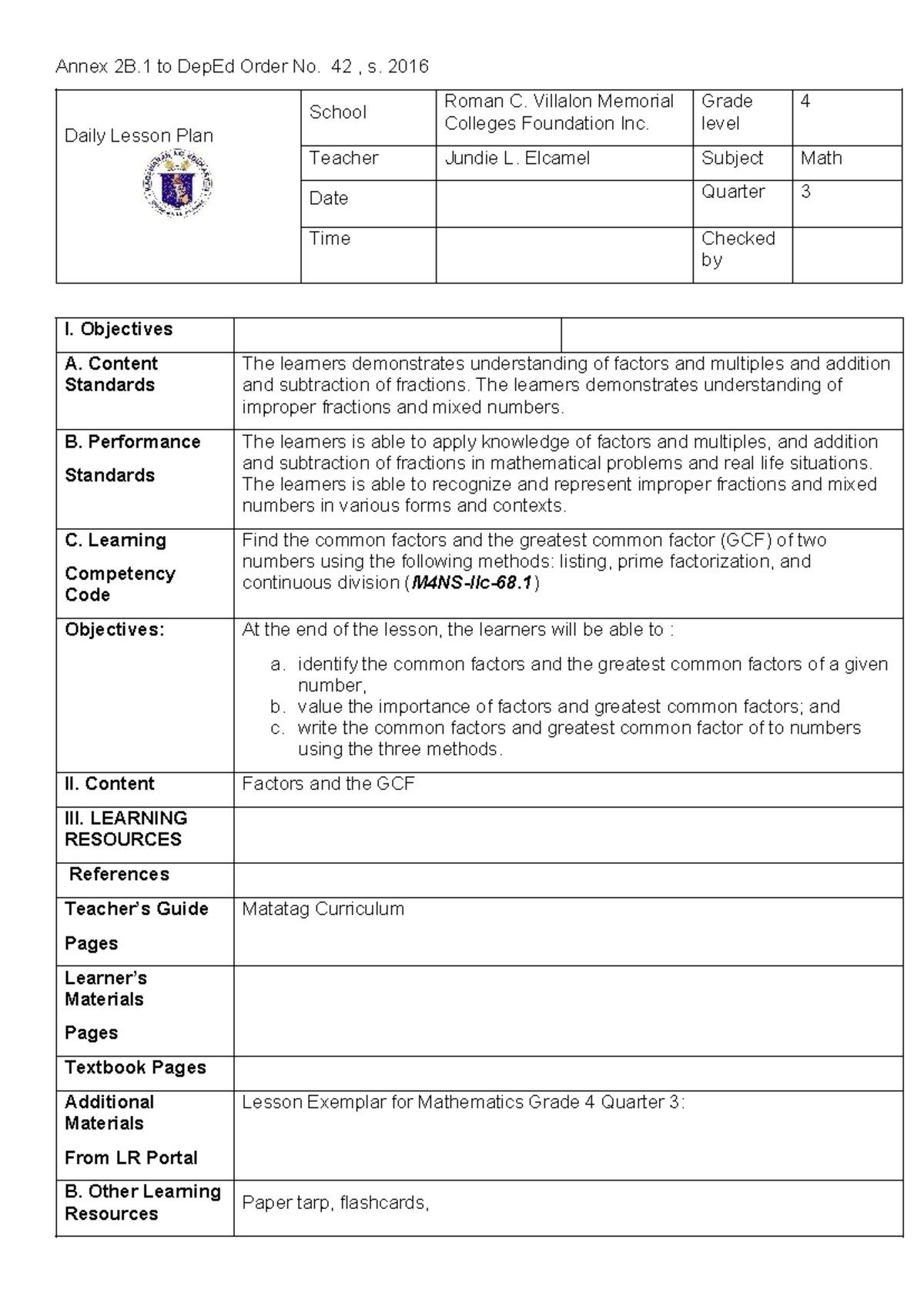 Daily Lesson Plan for Math (Grade 4) - GCF & Factors - Studocu