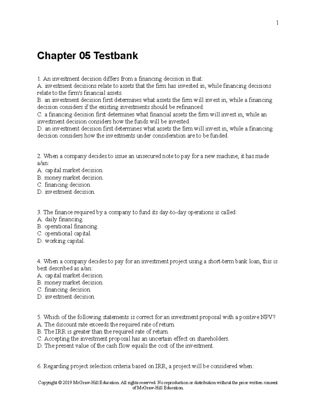 FINANCIAL INSTITUTIONS & MARKETS CHAPTER 5 TESTBANK QUESTIONS - Studocu