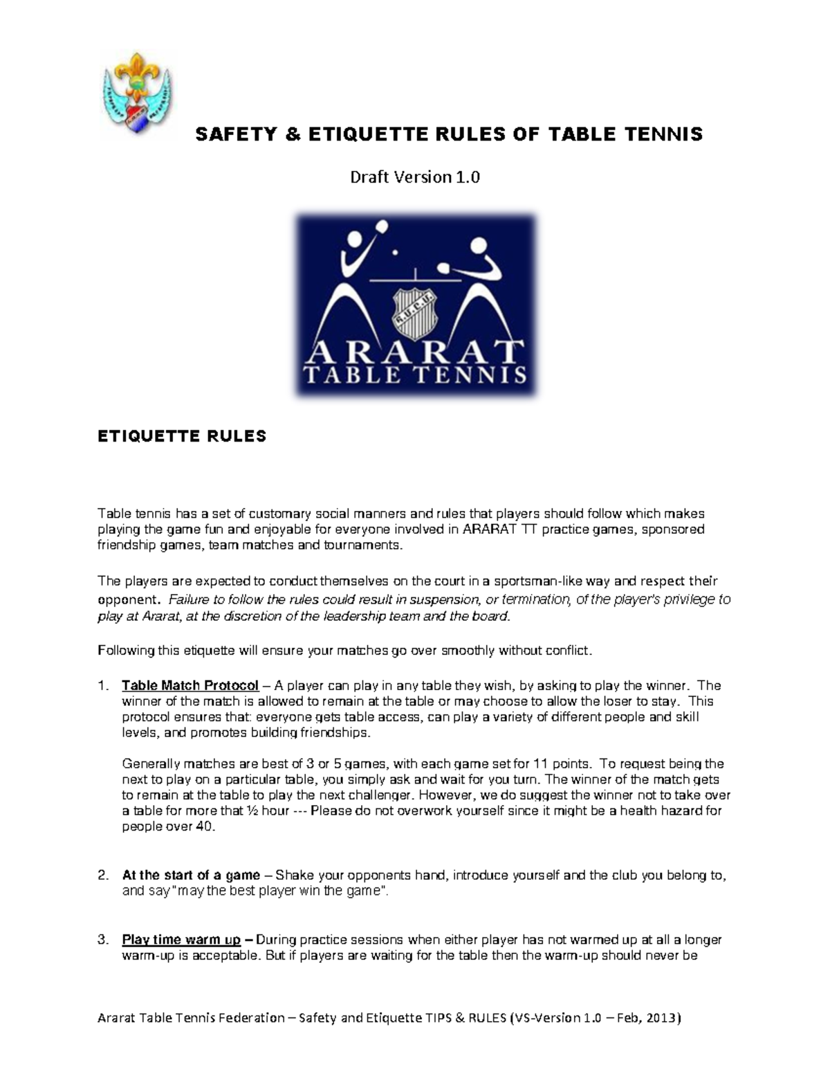 Table Tennis Safety & Etiquette Rules: V1 Guide - Studocu