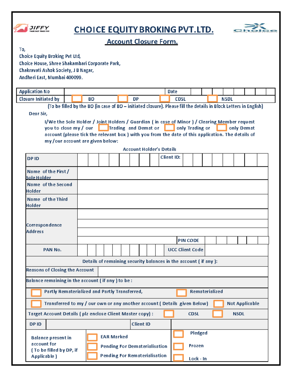 Account Closure Form for Choice Equity Broking Pvt Ltd - Studocu