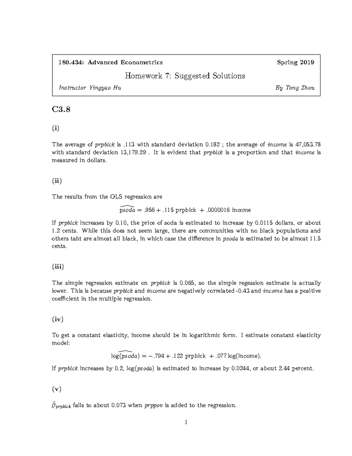 180.434: Advanced Econometrics - Homework 7 Solutions - Studocu
