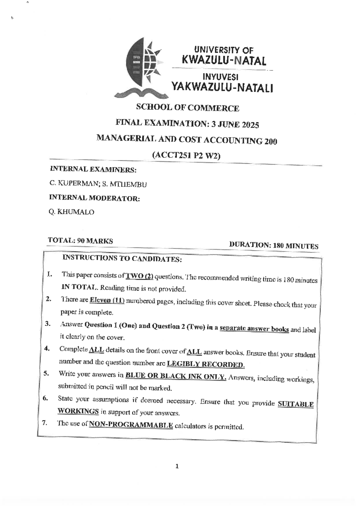 ACCT251 - Managerial & Cost Accounting Final Exam 2025 - Studocu