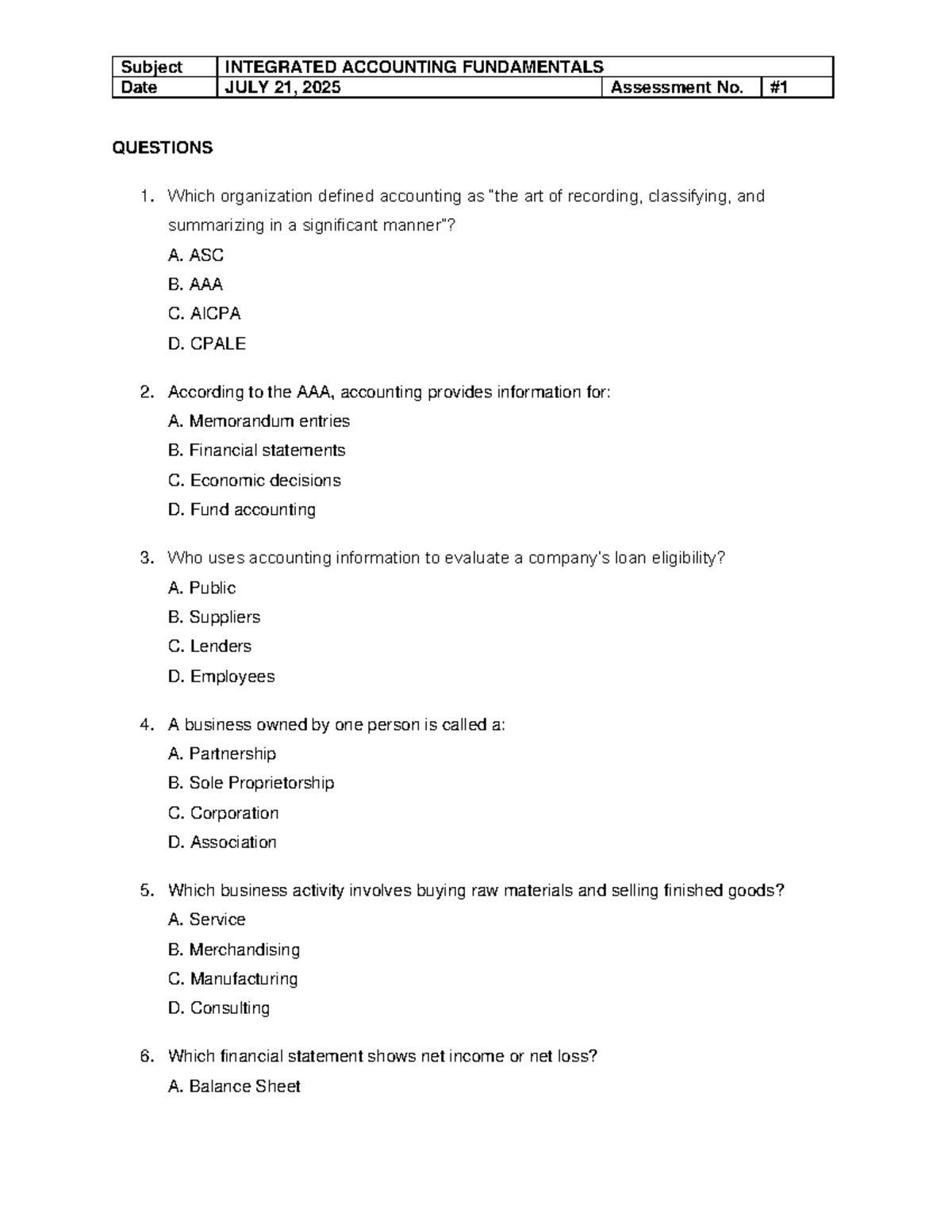 IAF 2025: Integrated Accounting Fundamentals Assessment Questions - Studocu