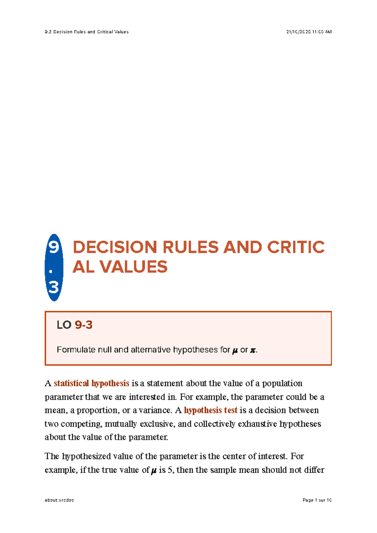 9.3 Decision Rules & Critical Values: Hypothesis Testing Insights - Studocu