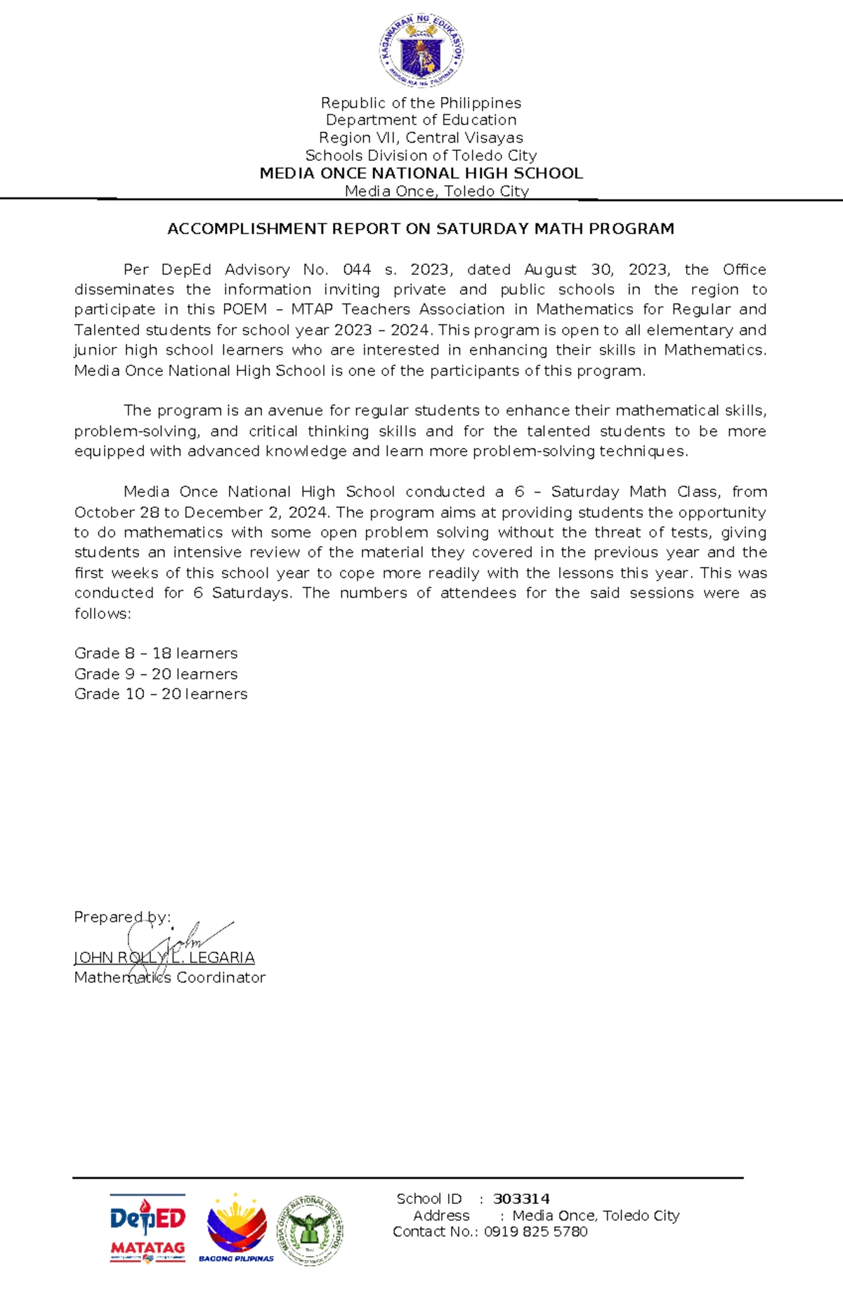 Annex 1a School Forms Checking Report - Report Code: SFCR1 Annex 1a ...