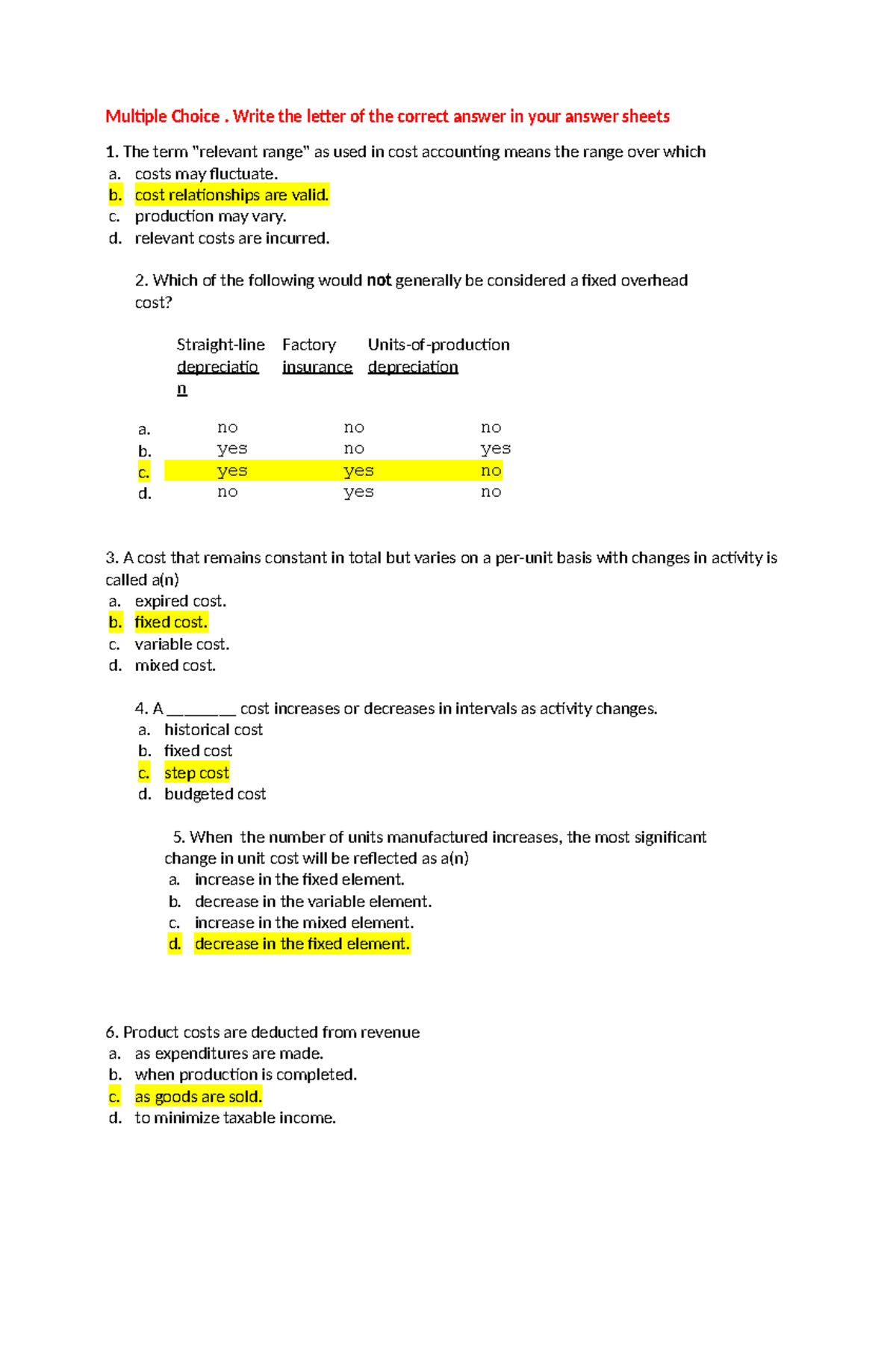 Cost Accounting MCQs with Answers - Course Code: CA101 - Studocu