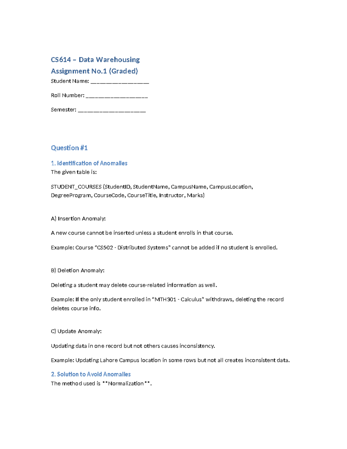 CS614 Data Warehousing Assignment 1: Anomaly Identification & Solutions ...