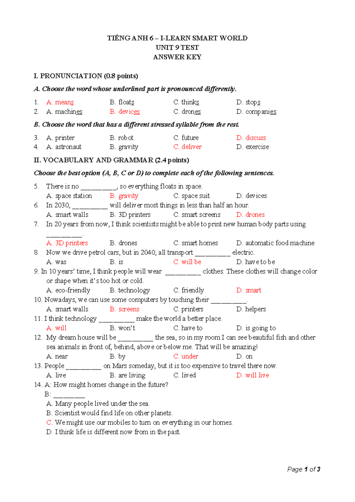 TIẾNG ANH 6 SMART WORLD UNIT 9 TEST ANSWER KEY & SOLUTIONS - Studocu
