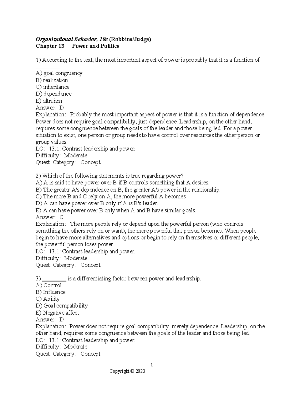 Organizational Behavior 19e Test Bank: Chapter 13 - Power and Politics ...