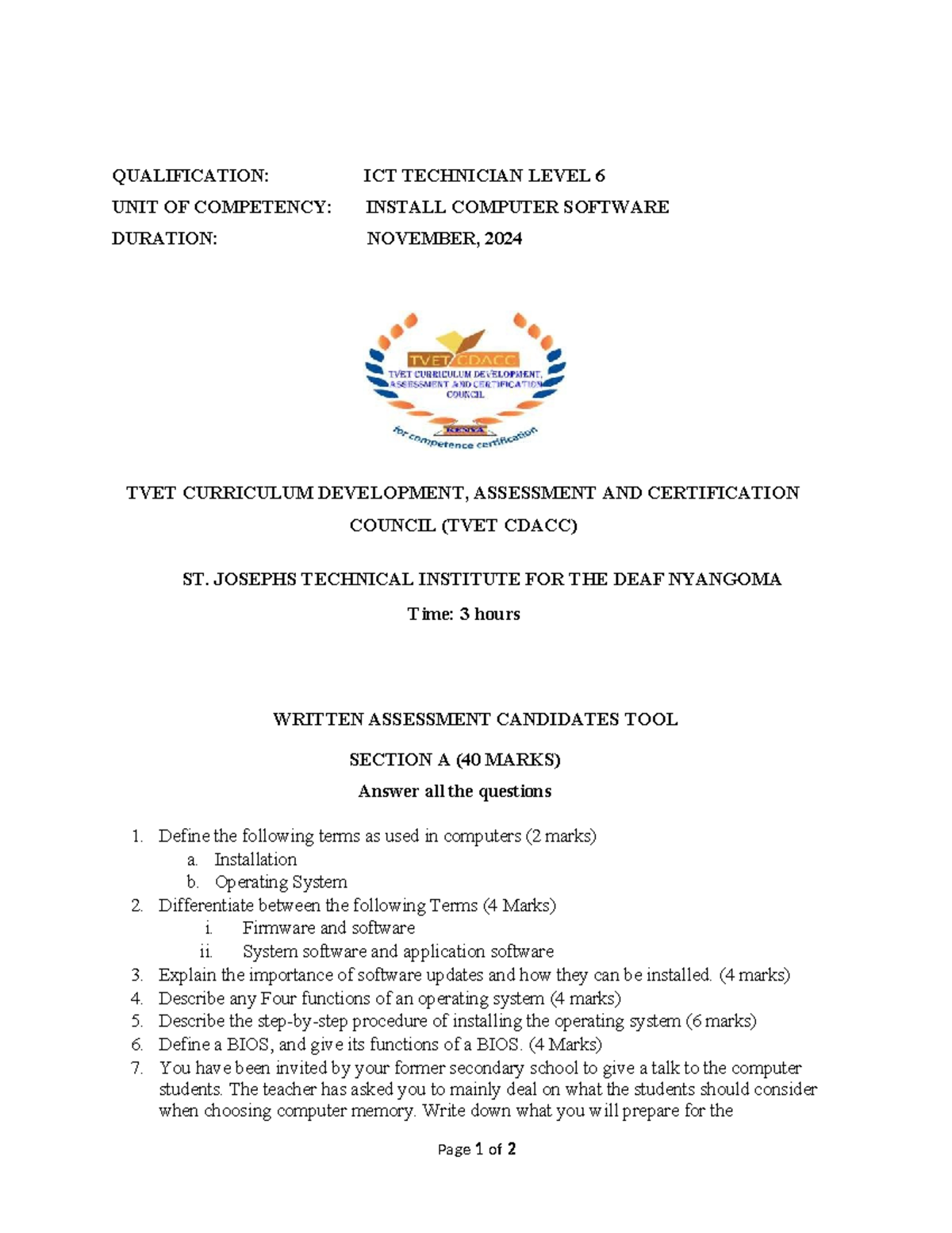 ICT Technician Level 6: Install Computer Software Assessment Guide ...