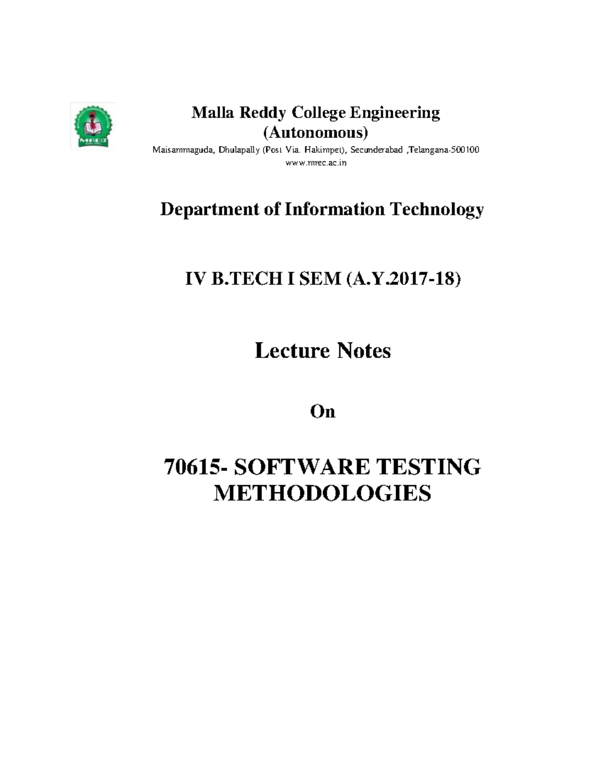 Lecture Notes on Software Testing Methodologies (70615) - B.Tech IV Sem ...