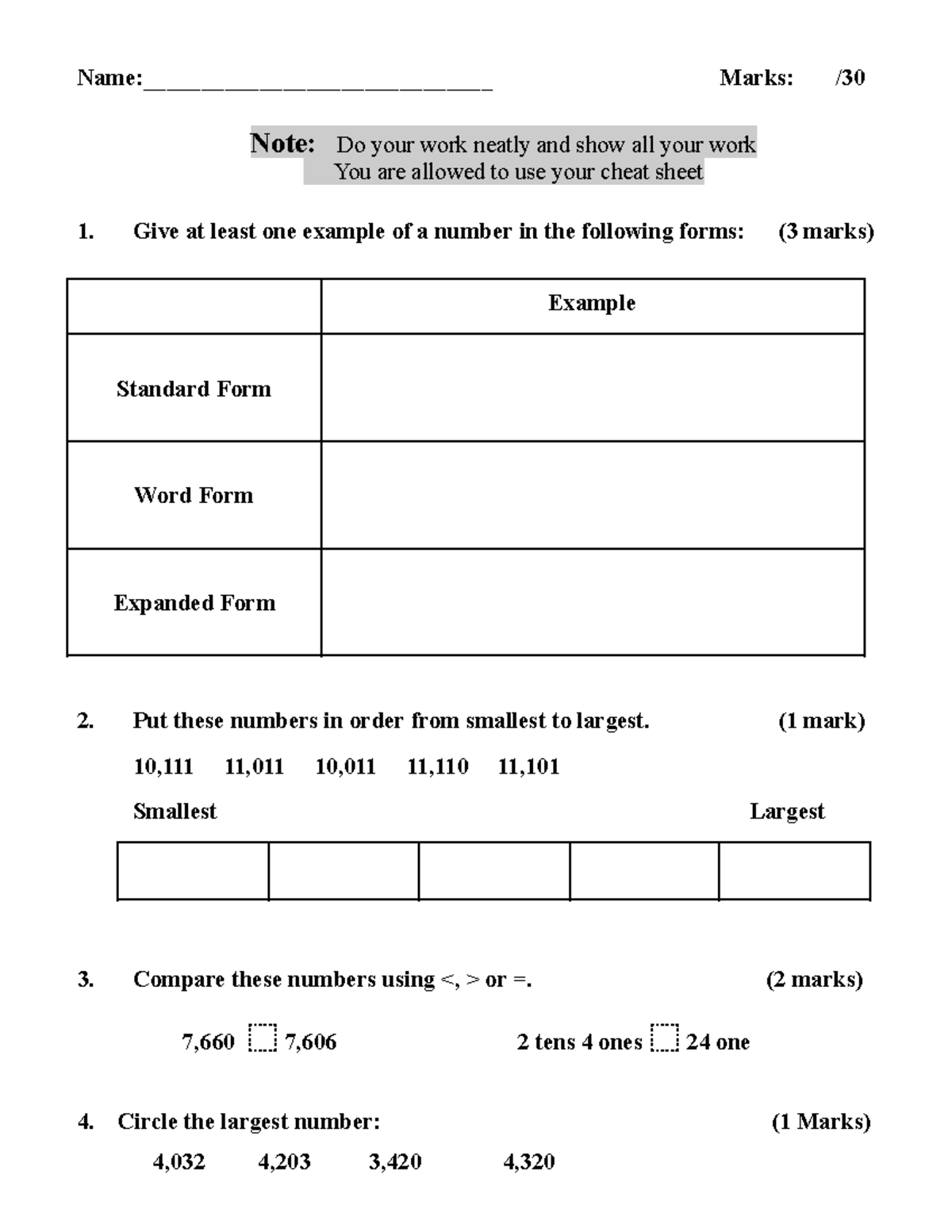 MB Hard Math Assessment Term 1 - 2024-25: Number Forms & Comparisons ...
