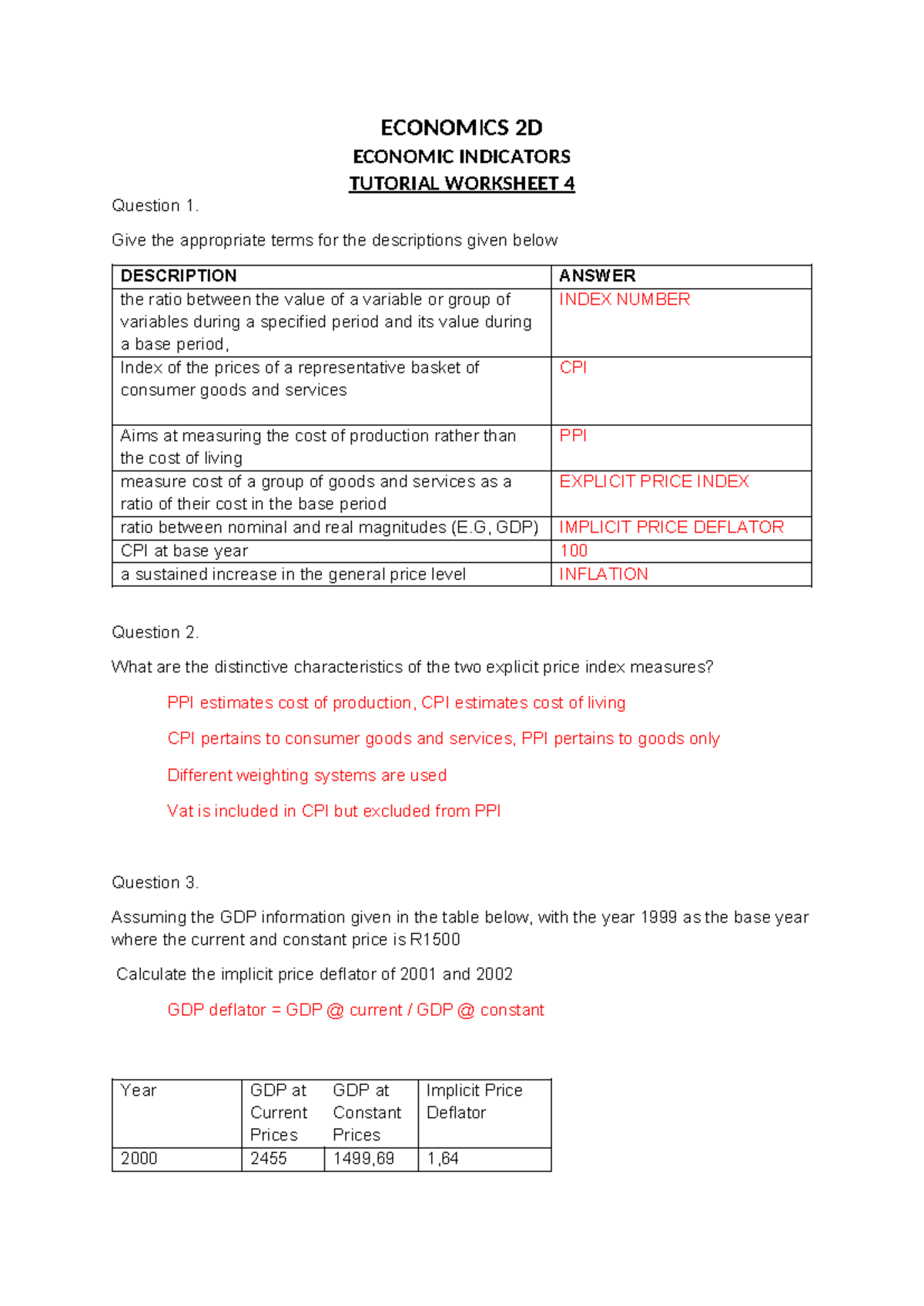 ECONOMICS 2D Tutorial Worksheet 4: Economic Indicators and Analysis ...
