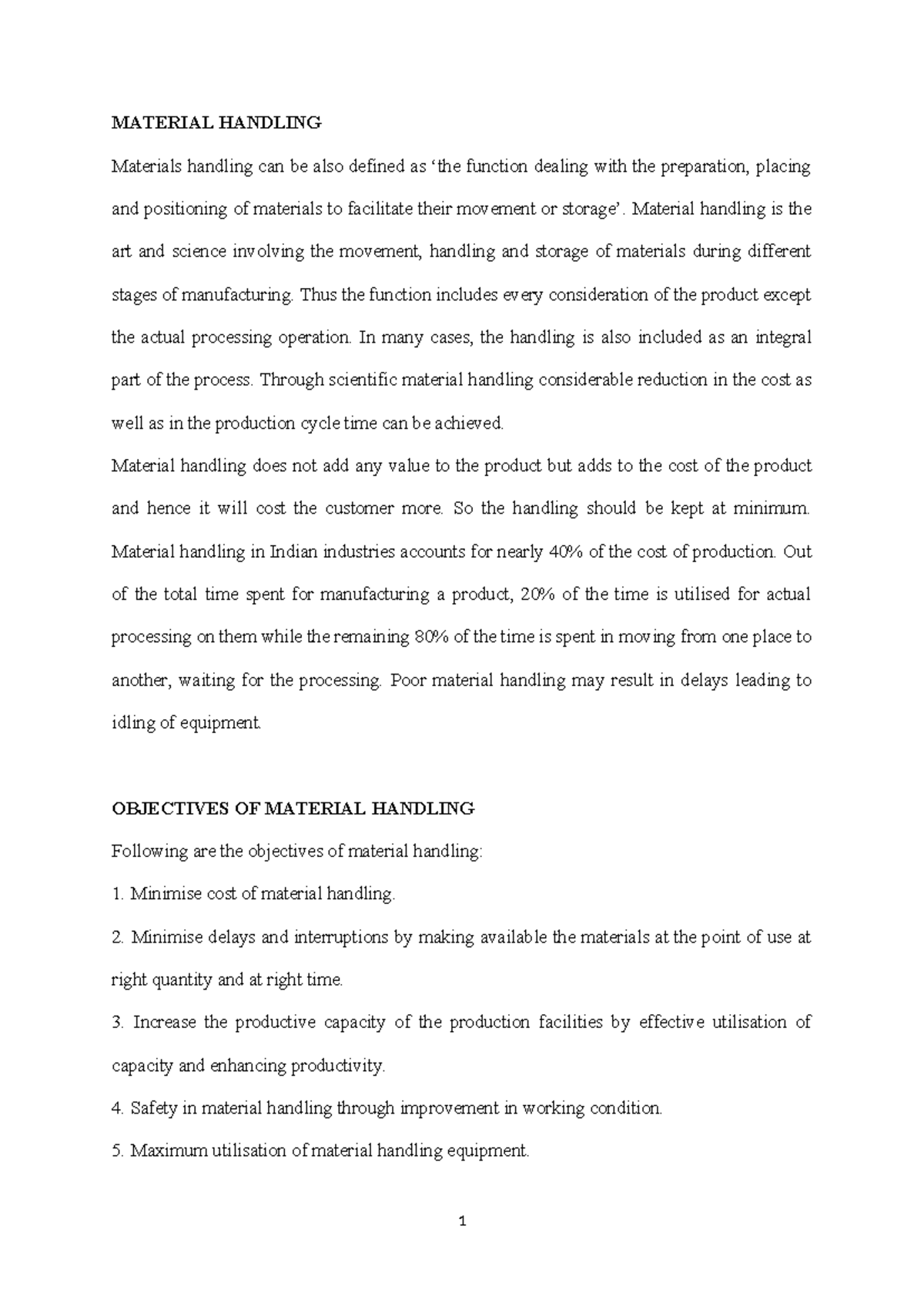 Material Handling Overview and Equipment Selection (Topic 6-1) - Studocu