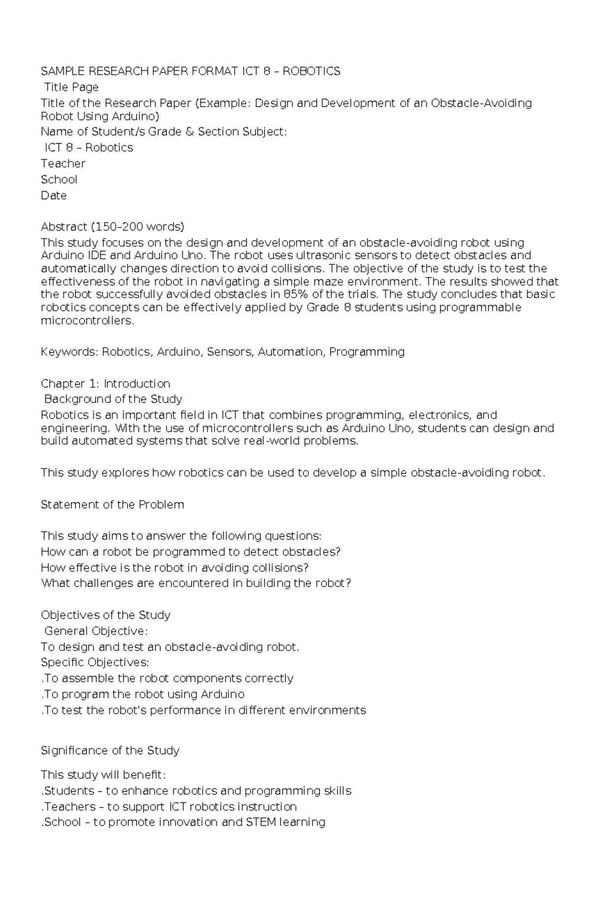 Research Paper on Robot Design Using Arduino - ICT 8 - Studocu