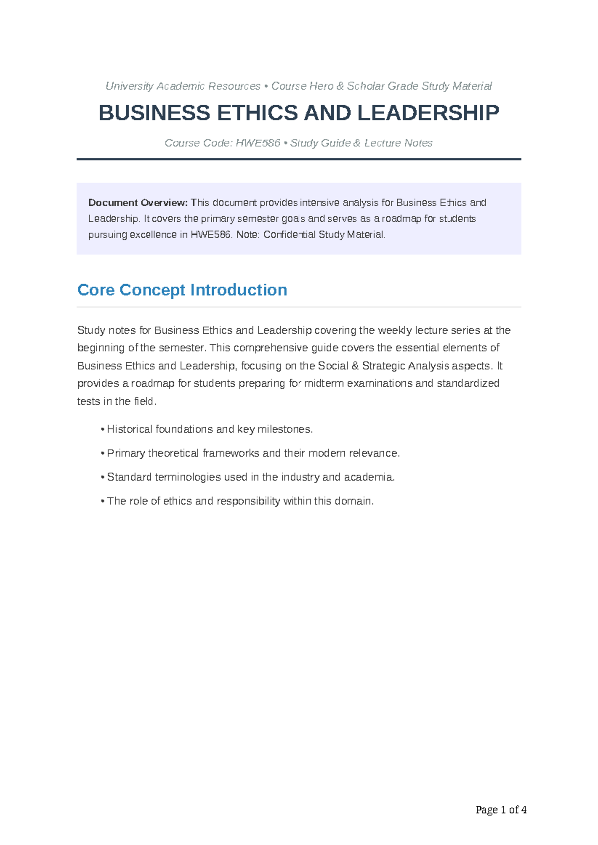 HWE586 Business Ethics & Leadership Study Guide Lecture Notes - Studocu