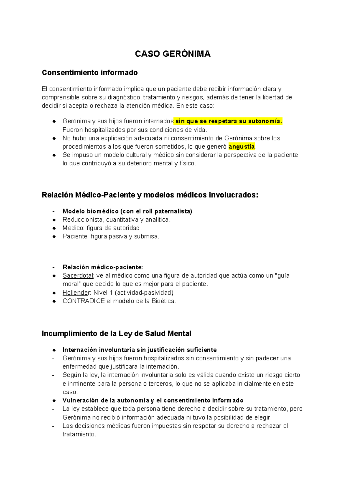CASO GERÓNIMA: Análisis del Consentimiento Informado y Autonomía - Studocu