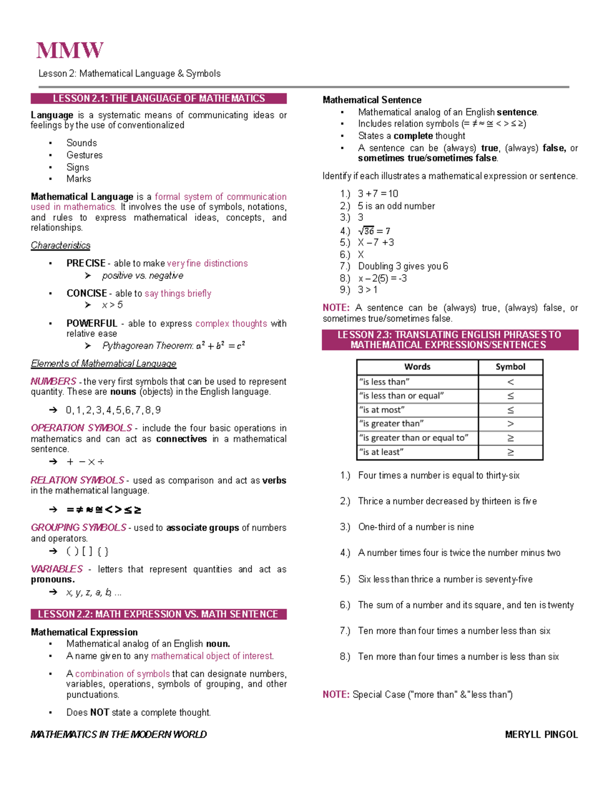 MMW Lesson 2: Understanding Mathematical Language and Symbols - Studocu