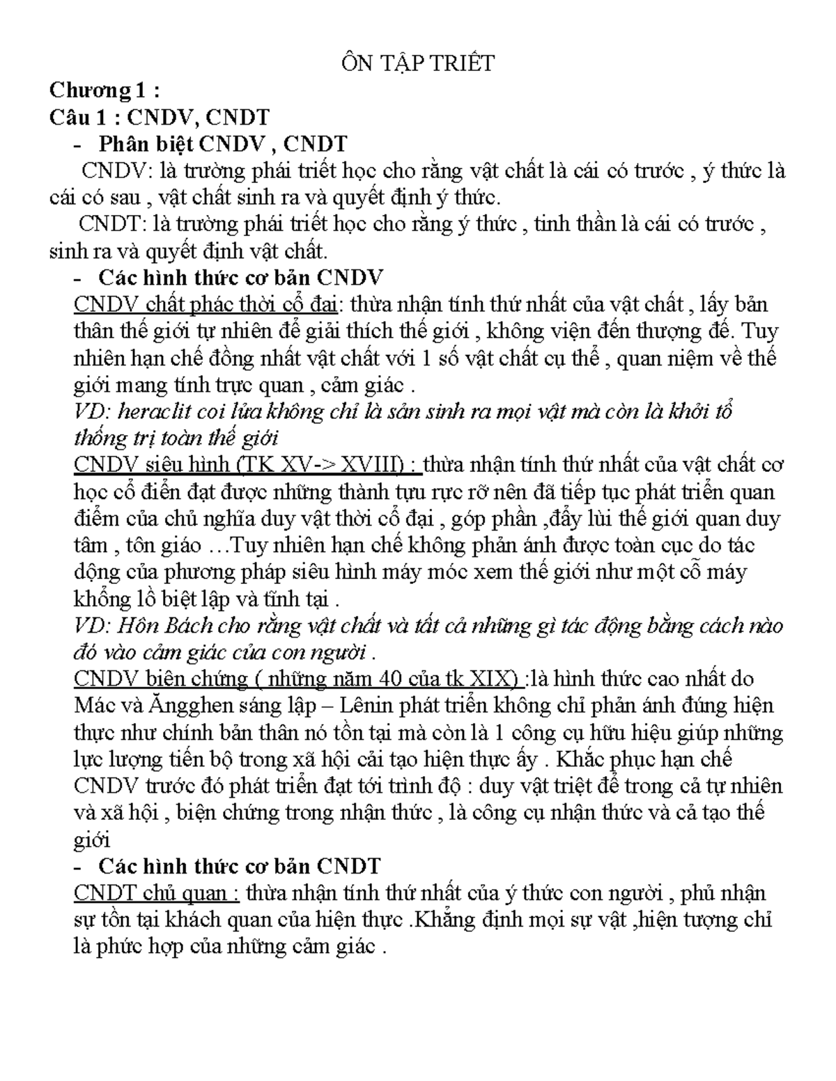 ÔN TẬP TRIẾT: Chương 1 - CNDV và CNDT, Phân Biệt Các Trường Phái - Studocu