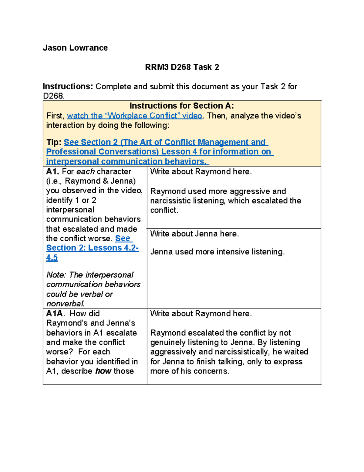 D268 Task 2: Analyzing Interpersonal Conflict in Communication - Studocu
