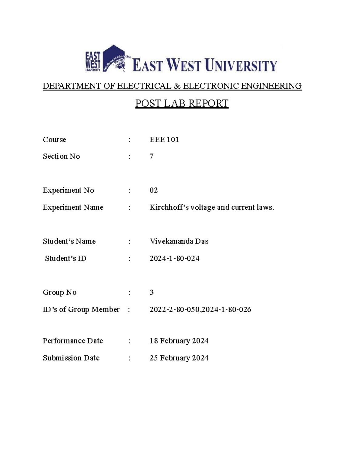 EEE101 Post Lab 2 - eee - DEPARTMENT OF ELECTRICAL & ELECTRONIC ...