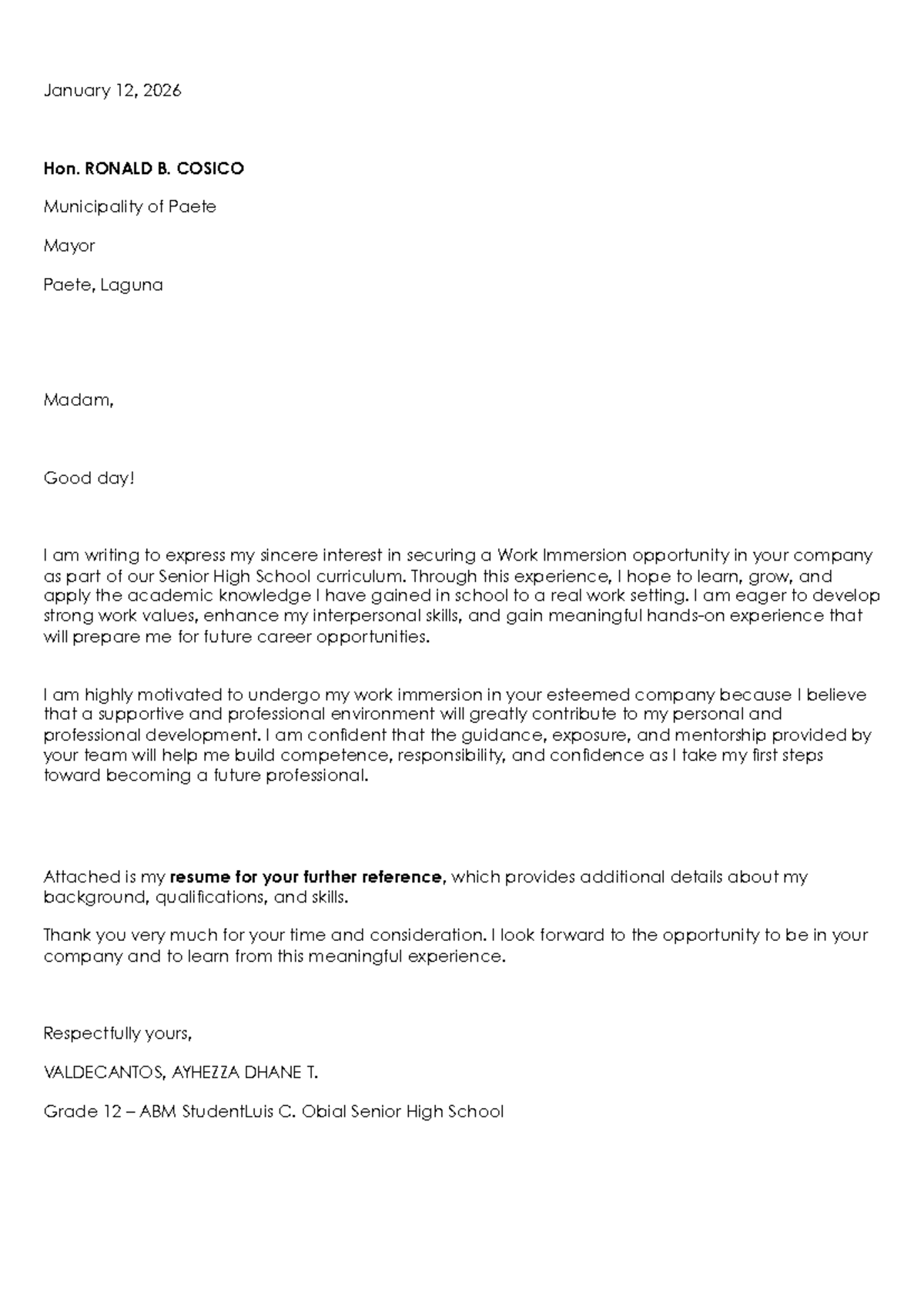 Sample Application Letter for Work Immersion - ABM Grade 12 - Studocu