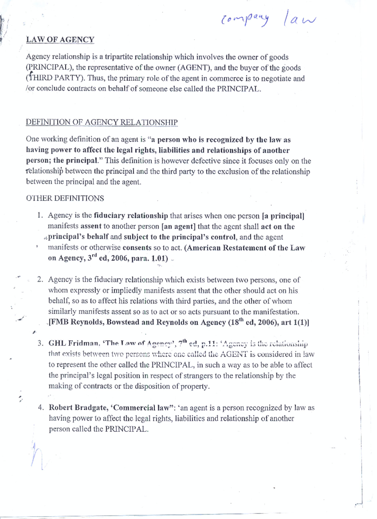 Agency Notes - company law LAW OF AGENCY Agency relationship is a ...