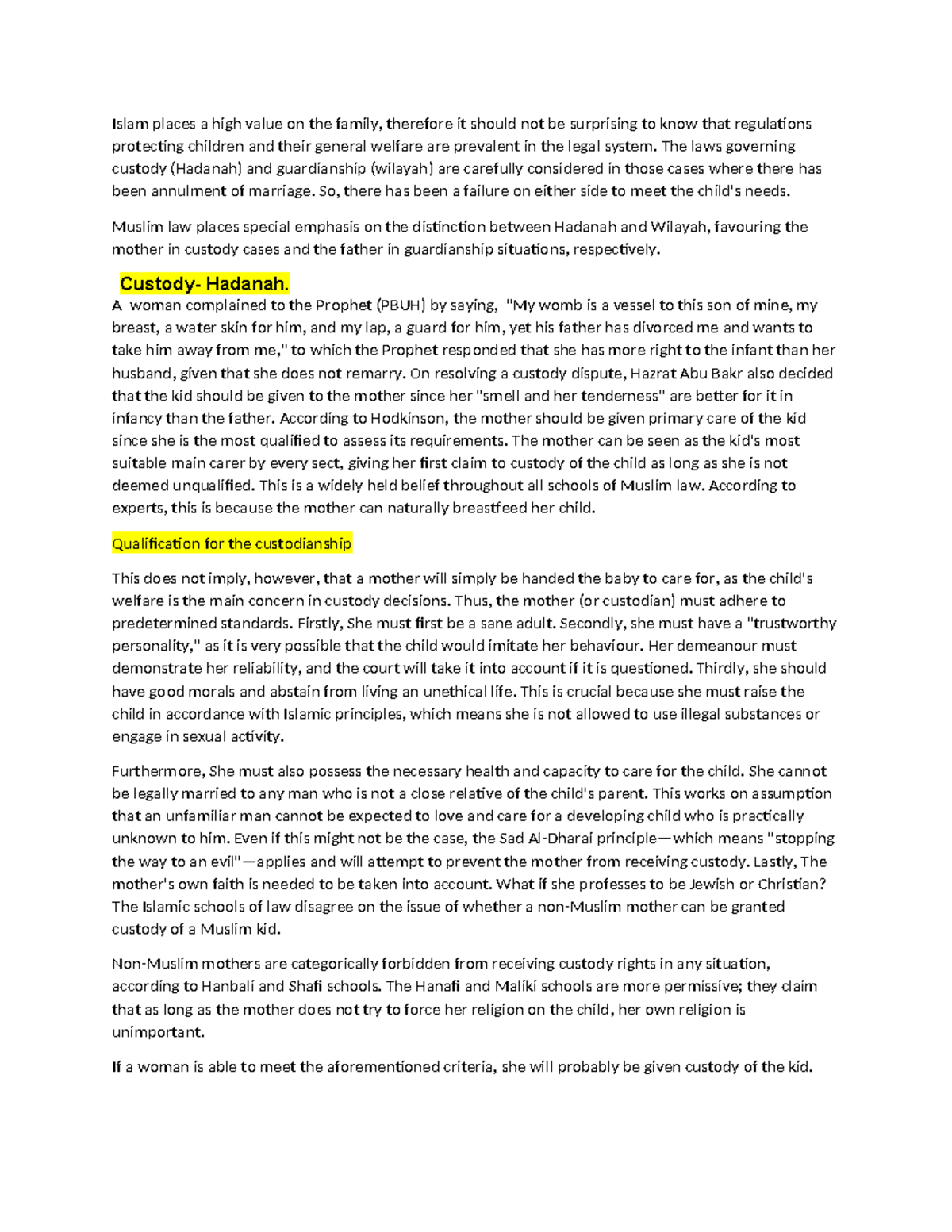 Islamic Law on Child Custody: Hadanah and Wilayah Explained - Studocu