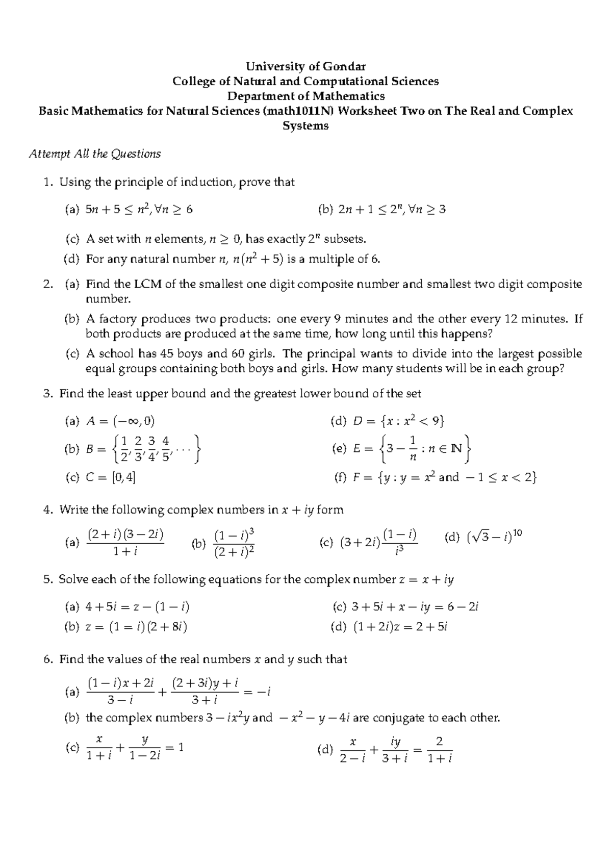 Math 1011N: Worksheet 2 on Real & Complex Systems - Studocu
