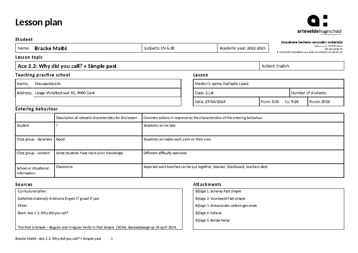 Lesson Plan: Ace 2.2 Simple Past for 2nd Year English (Engels) - Studocu