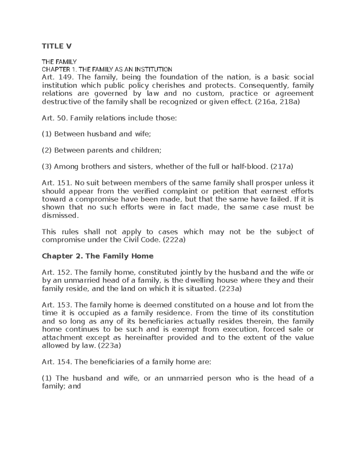 Family Code: Title V - The Family and Its Legal Framework - Studocu