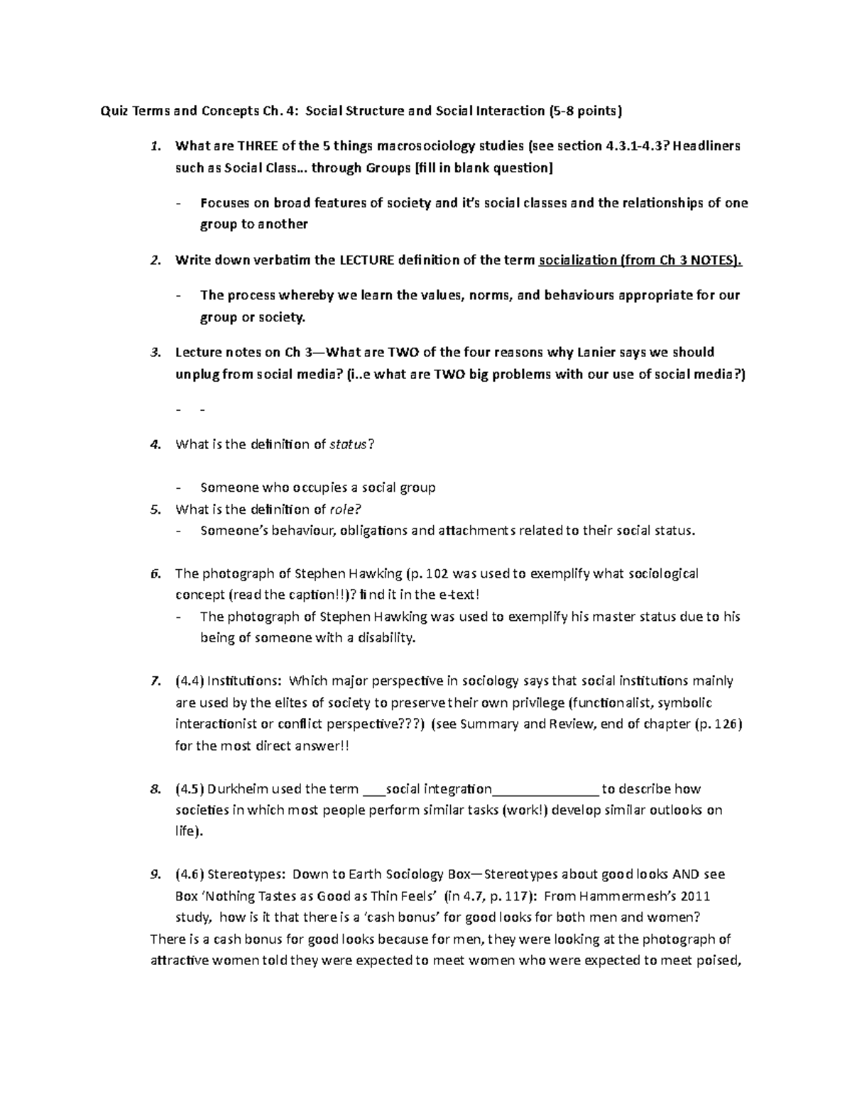Quiz terms ch 4 - Quiz Terms and Concepts Ch. 4: Social Structure and ...
