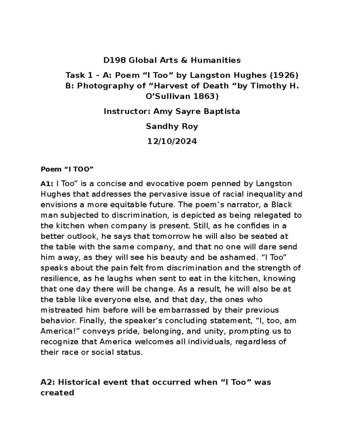 D198 Global Arts Humanities Task 1: Analyzing Hughes & Death ...