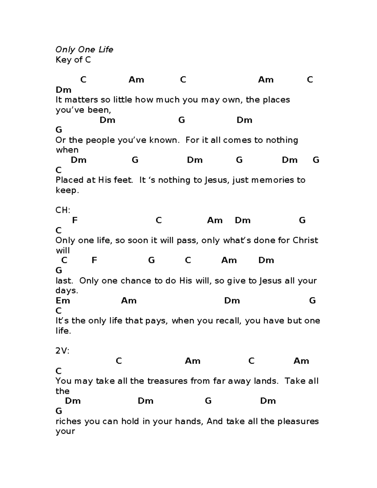 Only One Life - Song Lyrics with Chords (C) - Studocu