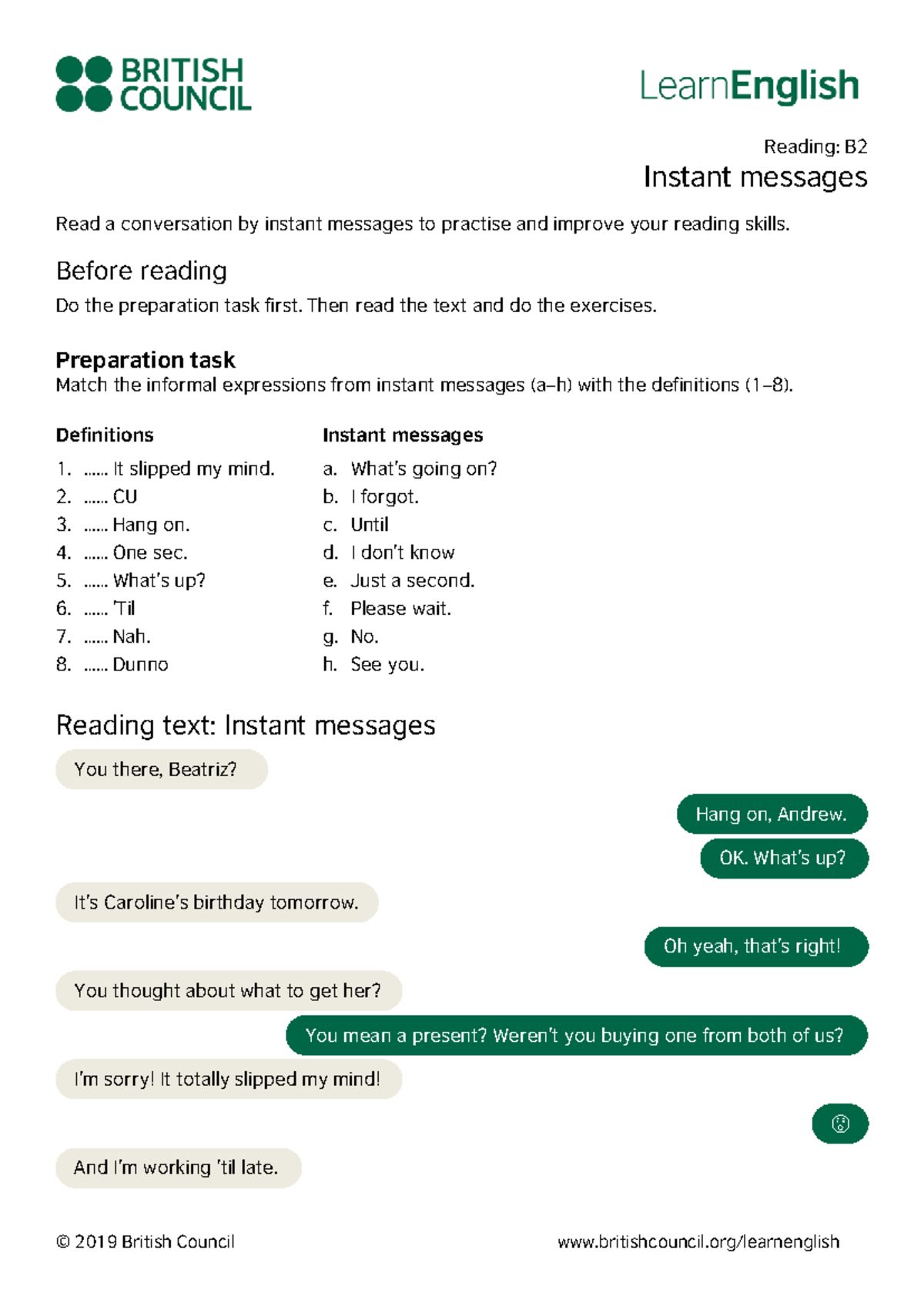 Learn English Reading B2: Instant Messages Practice - Studocu