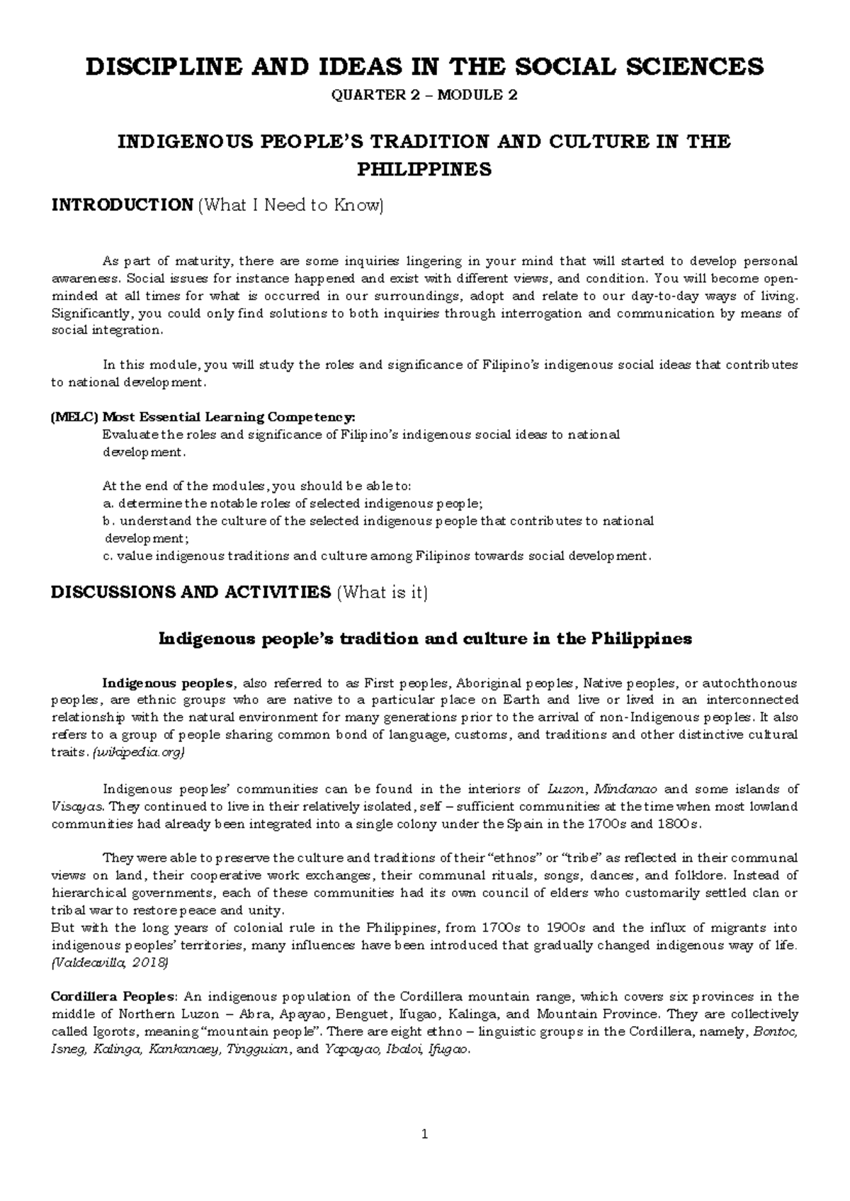 DISCI 202 Module 2: Indigenous Peoples' Culture in the Philippines ...