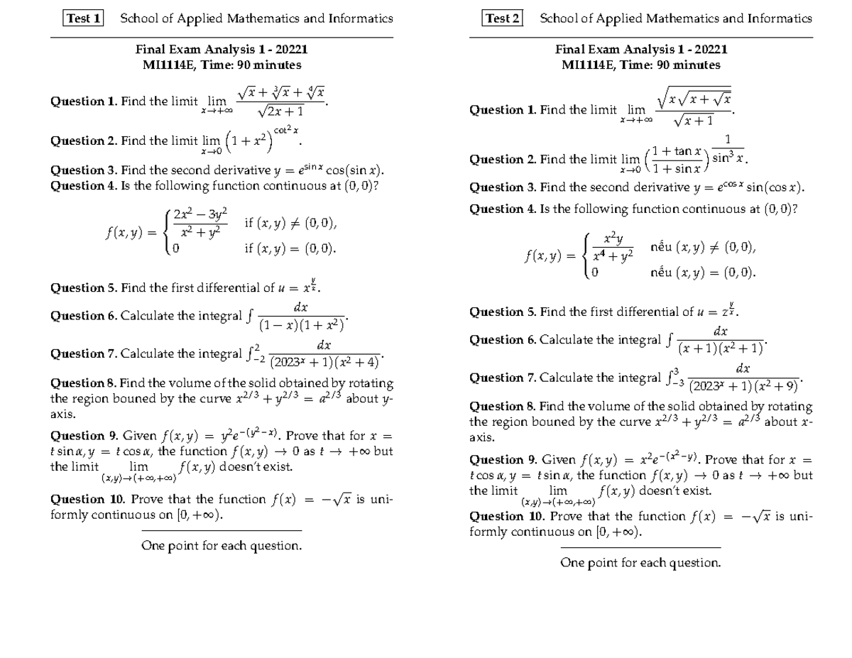 Final Exam Analysis 1 (20221) - Calculus 1 Practical Review - Studocu