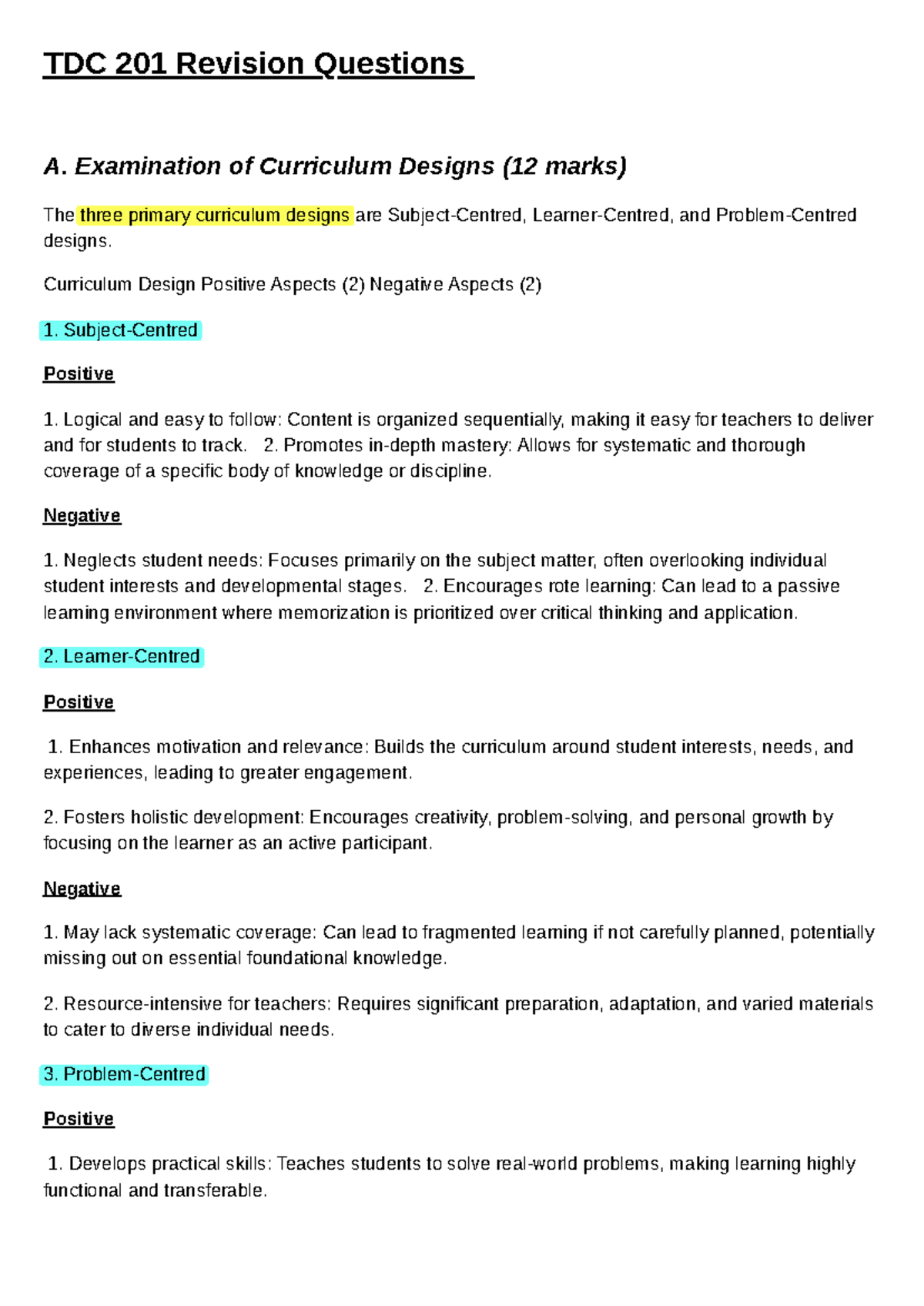 TDC 201 Revision Questions: Curriculum Design & Implementation Insights ...