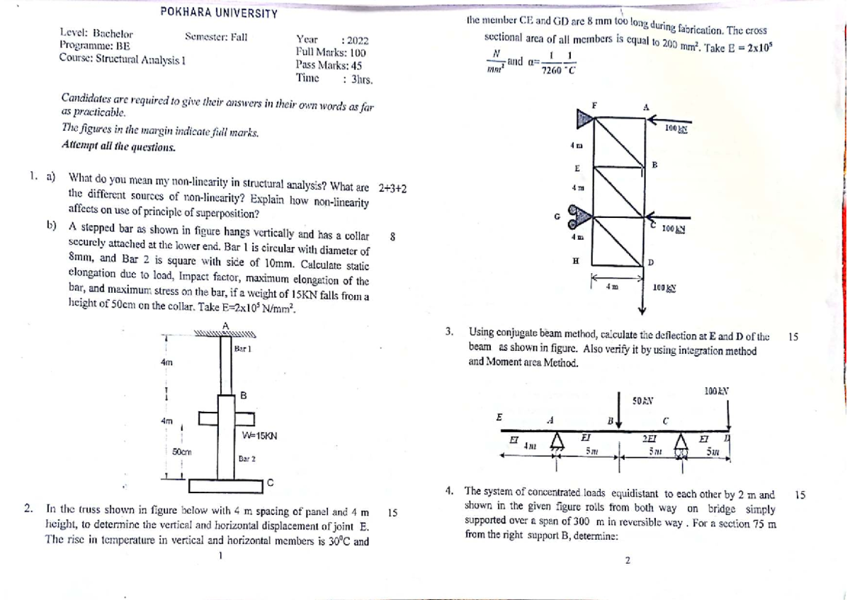 Structural Analysis I - BE Fall 2022 Question Set - Studocu