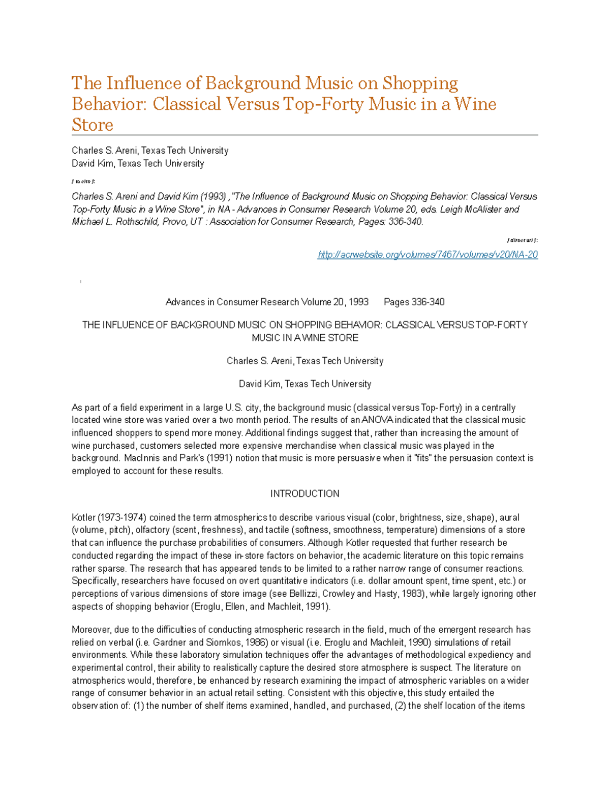 The Impact of Background Music on Consumer Behavior in Retail (MKT 305 ...