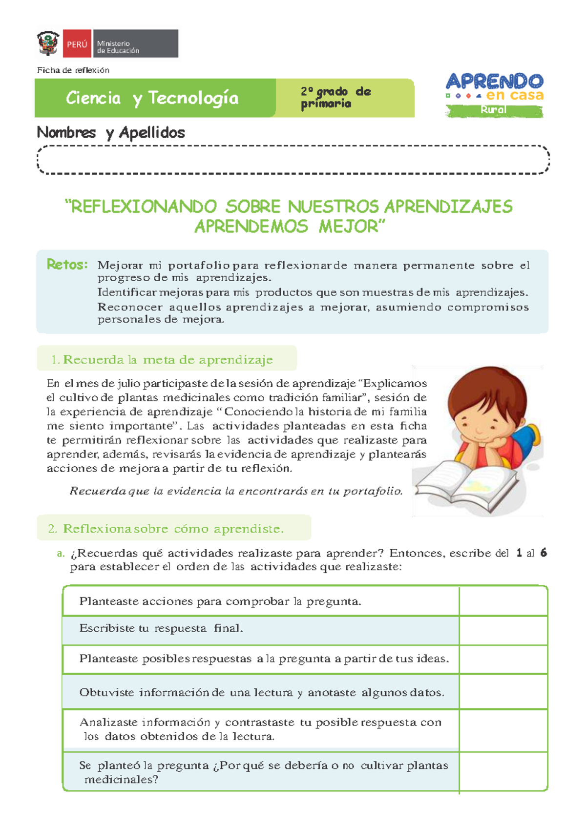 Ficha de Autoaprendizaje: Ciencia y Tecnología 2º Grado Evaluación ...