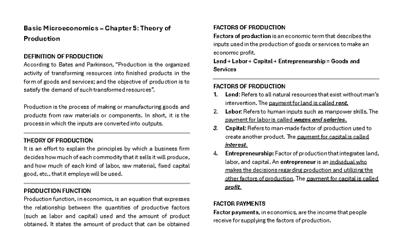 Microeconomics 101: Chapter 5 - Theory of Production Overview - Studocu