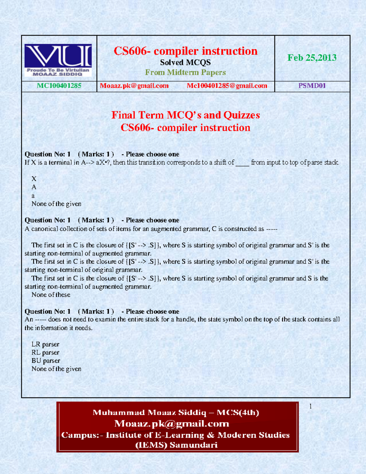 CS606 Compiler Instruction Final Term MCQs Solved with References - Studocu