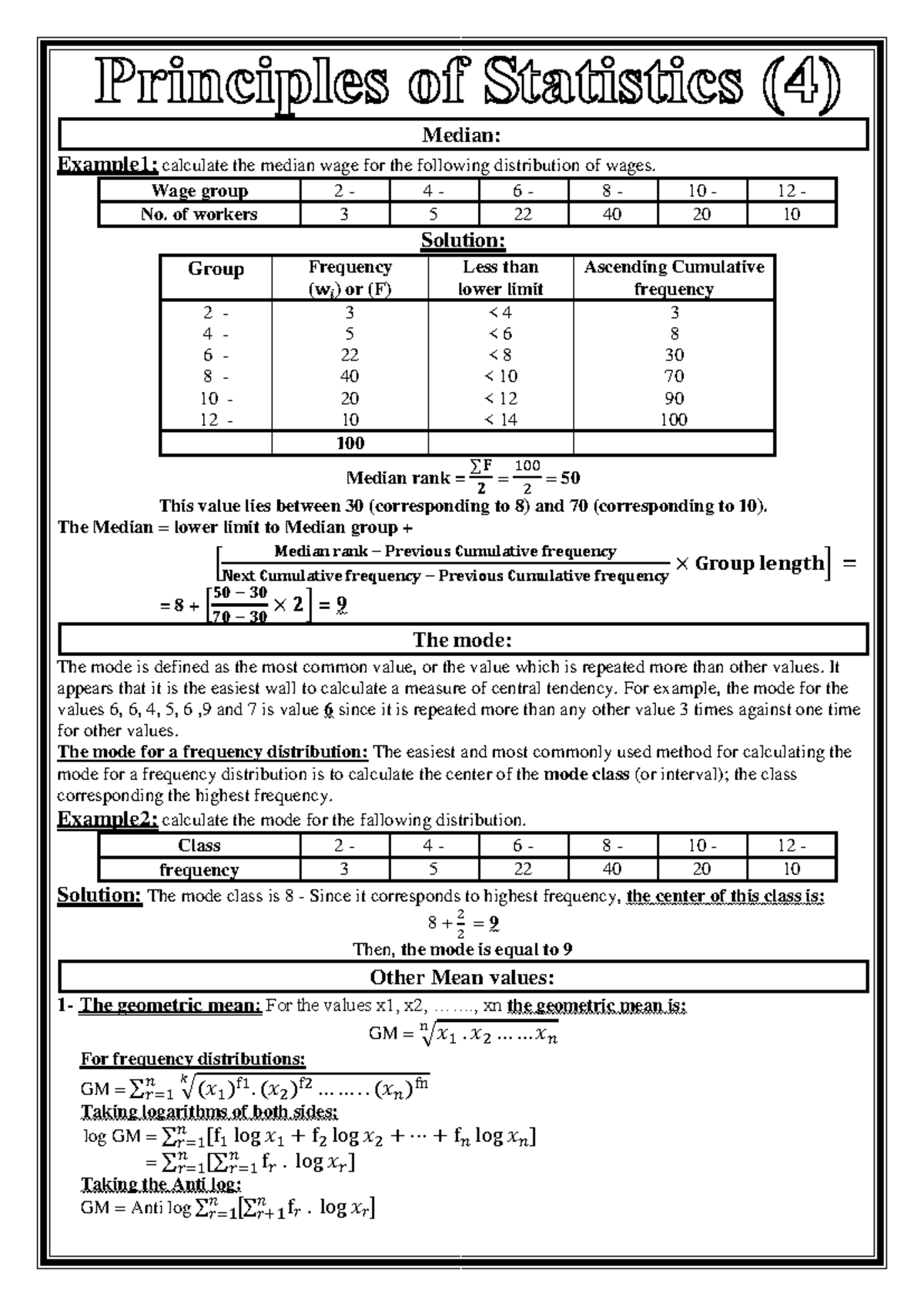 Statistics 4 - Vfvg: Calculating Median and Mode with Examples - Studocu