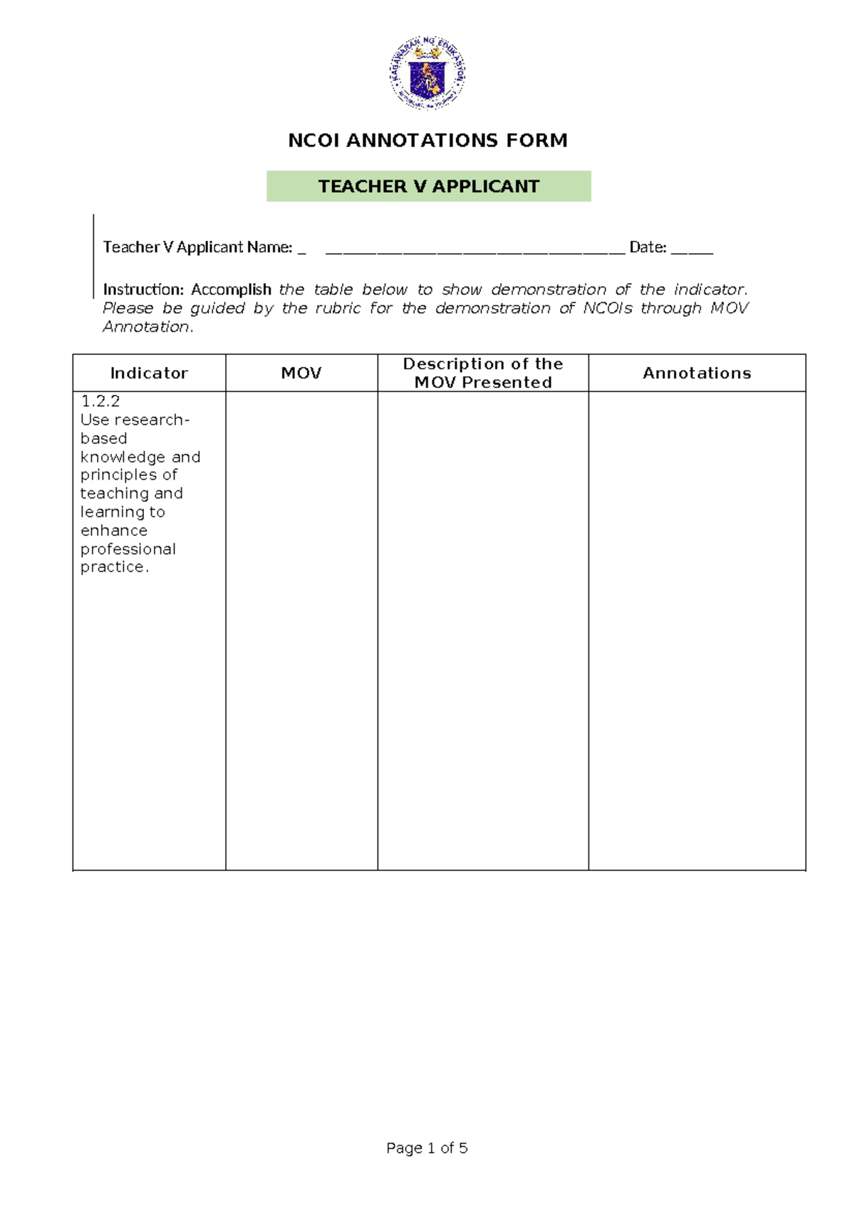 NCOI Annotations Form for Teacher V Applicant Evaluation - Studocu