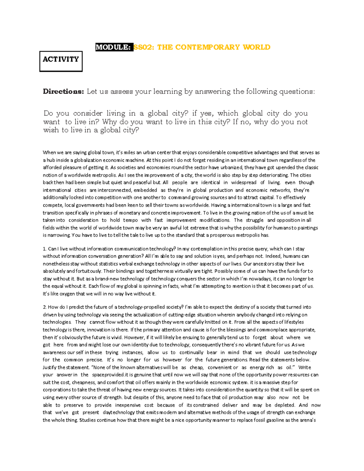 Activity 3 - SS02: The Contemporary World Reflections on Global Cities ...