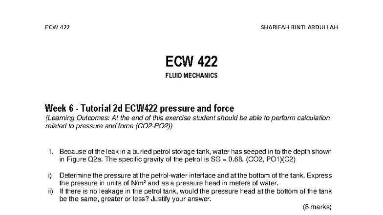 Week 6 Tutorial 2d: Pressure and Force Calculations in ECW 422 - Studocu