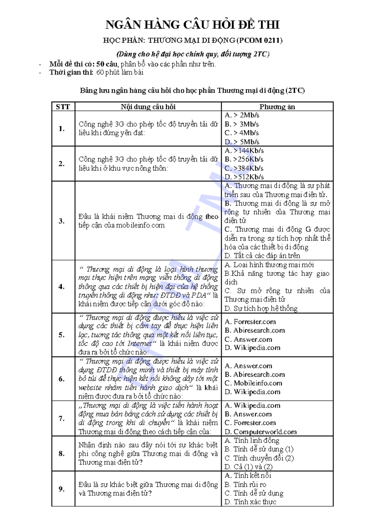 Ngân Hàng Câu Hỏi Ôn Thi Thương Mại Di Động (PCOM 0211) - Studocu