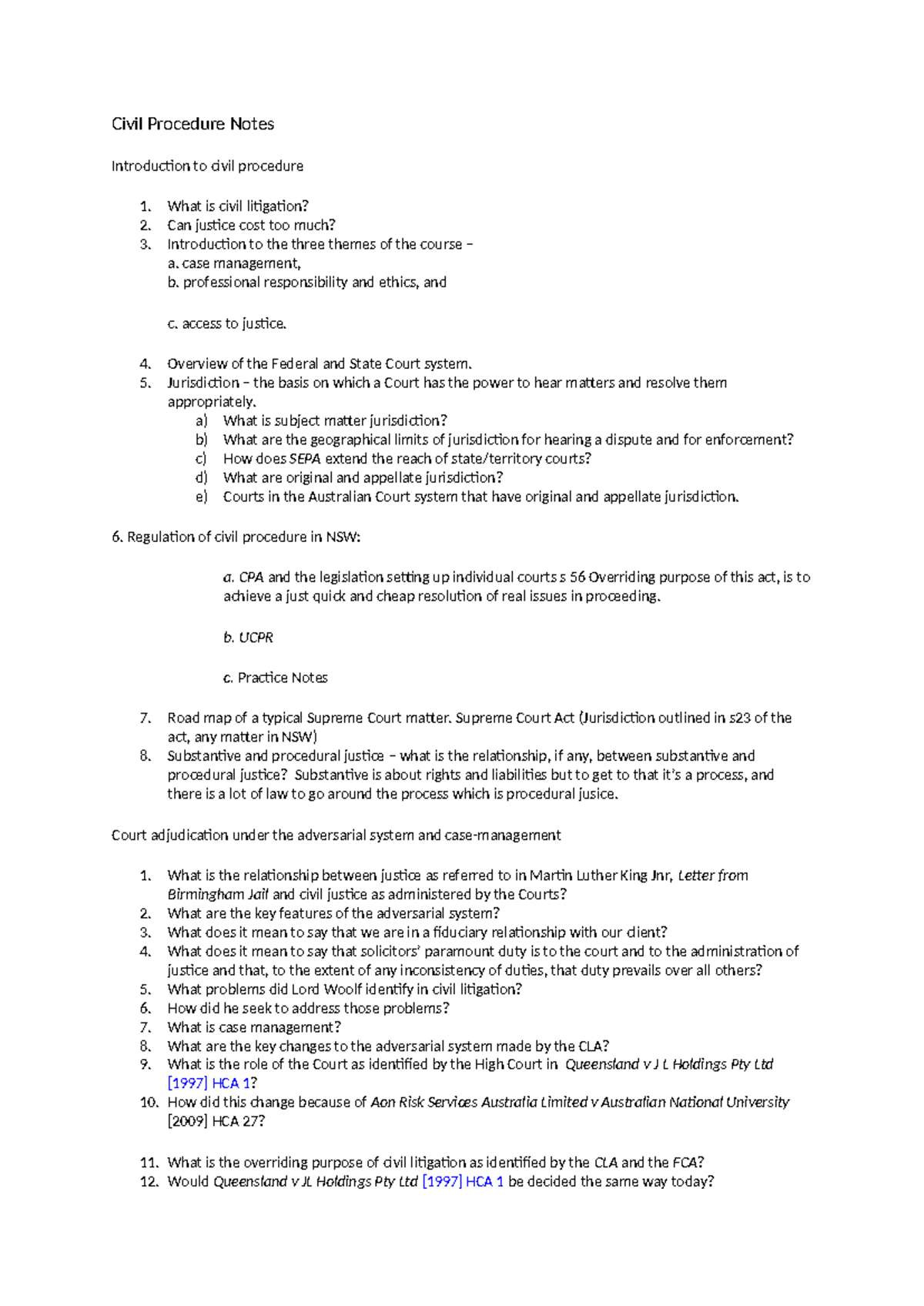 Civil Procedure Notes: Key Themes and Case Management Overview - Studocu