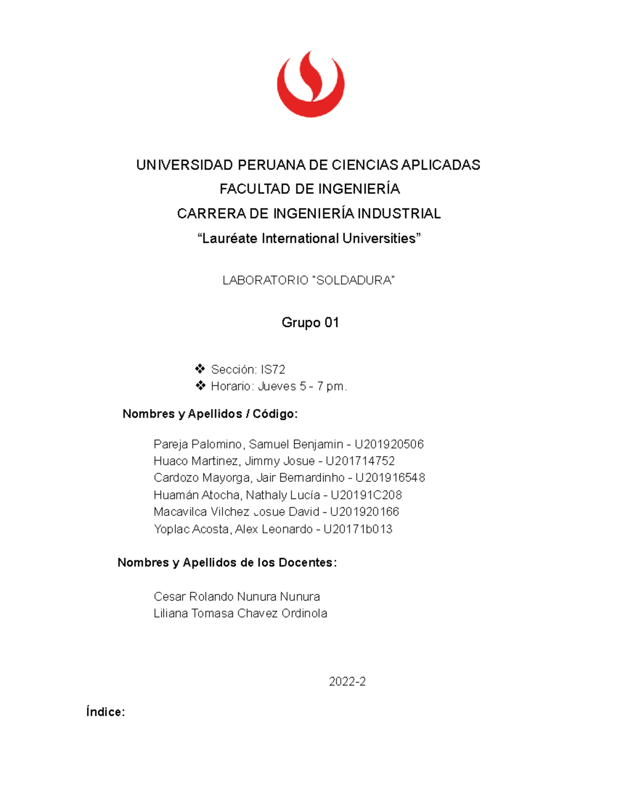 Informe Soldadura IS72 - UNIVERSIDAD PERUANA DE CIENCIAS APLICADAS ...